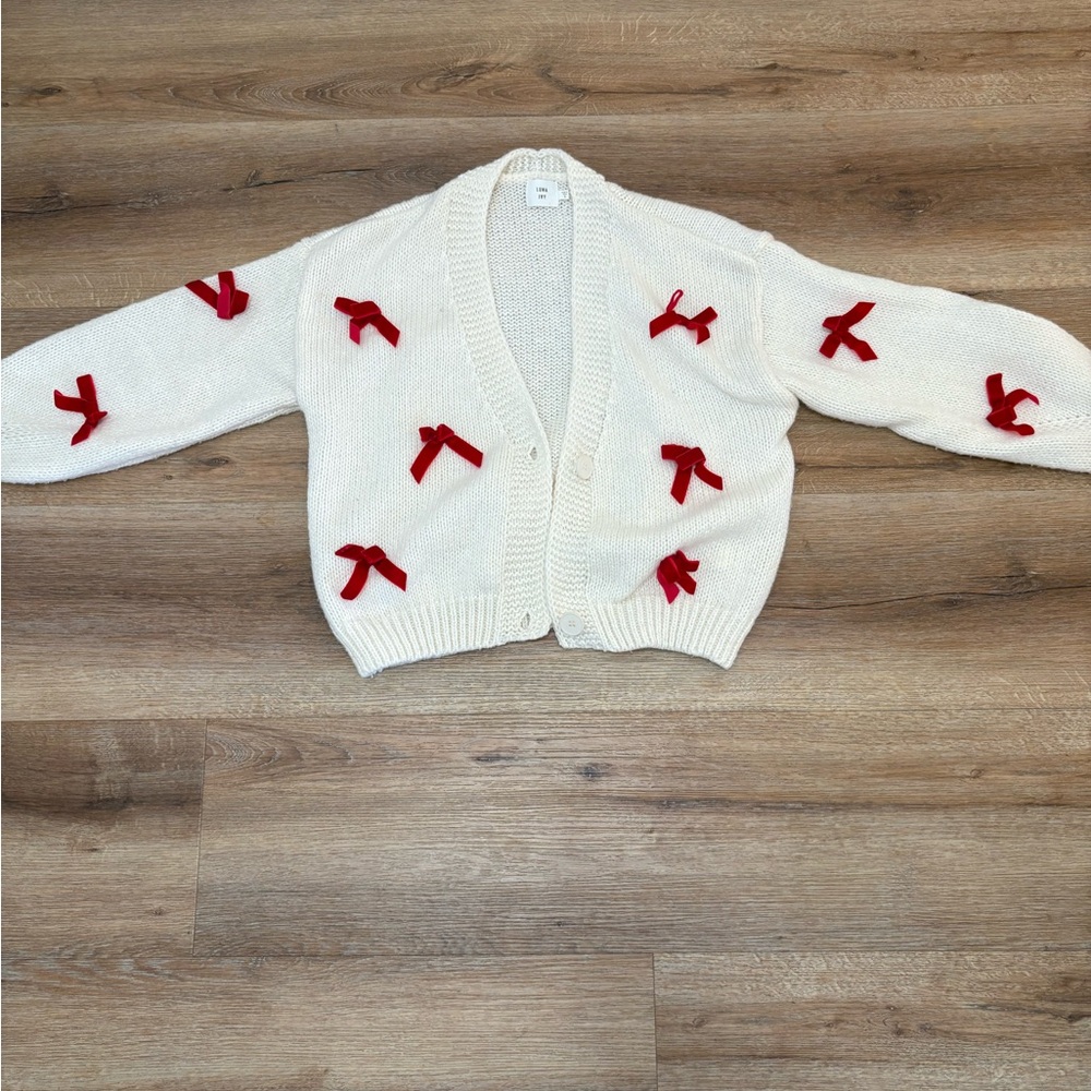 White Cardigan with Red Bows